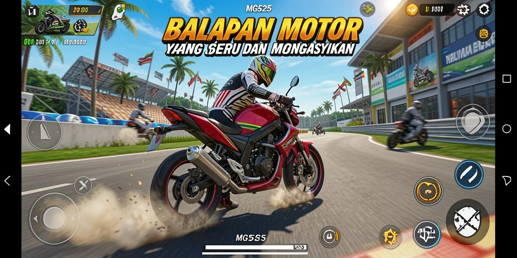 Gameplay MG525 menampilkan kecepatan balap motor yang mendebarkan.