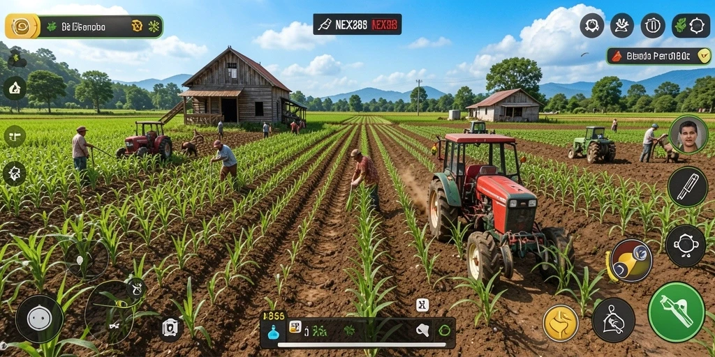 Tangkapan layar gameplay NEX288 yang menunjukkan aktivitas pertanian seru.